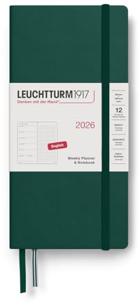 LEUCHTTURM1917 372878 veckokalender och anteckningsbok med prickad plånbok (B6+ x A6) 2026, Forest Green, Engelsk