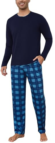 Litherday Pigiama Uomo Invernale Caldo Cotone Lungo Pigiama a Maniche Lunghe Pantaloni Pigiami Due Pezzi da Uomo Morbido Loungewear