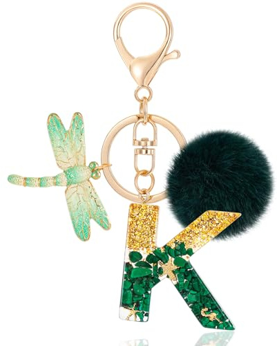 MWOOT Letter Keychain Initiale Buchstaben-Schlüsselanhänger,Alphabet Harz Key Chain mit Libelle Plüsch Anhänger Handtasche Geldbörse Charm,Grün Keyring für Frauen