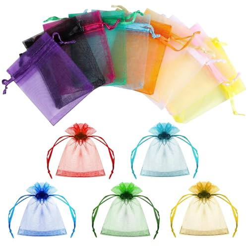 Frypay 100 Stück Organzasäckchen 7 x 9 cm Kleine Organzabeutel, Bunt Organza Taschen mit Kordelzug, Geschenkbeutel Schmuckbeutel, Organza Säckchen für Hochzeit Geburtstag Party Schmuck