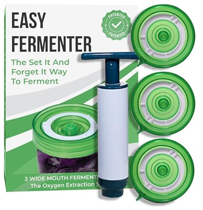 Easy Fermenter Fermentation Kit, Includes 3 Fermenting Lids for Wide Mouth Mason Jars & Oxygen Extractor Pump, Mason Jar Airlock Lid For Fermenting Kimchi, Pickle, & Sauerkraut (Green)