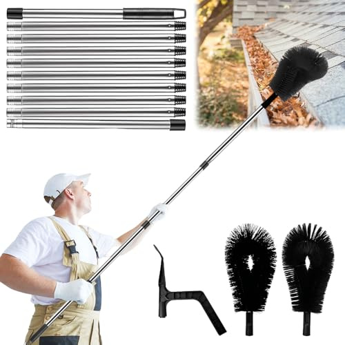 NAVESO 2 in 1 Gutter Cleaning Tools, 12.7FT Telescopic Gutter Cleaner, Gutter Cleaning Brush with 10 Pole,Gutter Brush and Leaf Shovel,Gutter Cleaner for Cleaning Leaves and Debris Window(Black)
