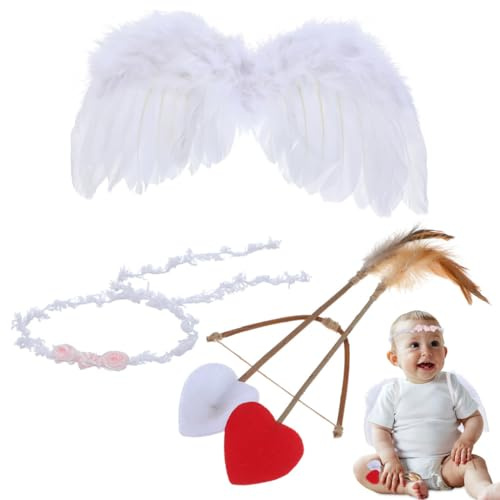 LIFKOME Accessoire Photo BéBé Cupidon 5 PièCes – Ensemble Ailes D'Ange Souples Et LéGèRes Arc Et FlèChes Bandeau Blanc Costume Cosplay BéBé SéAnce Photo Et FêTe Saint Valentin