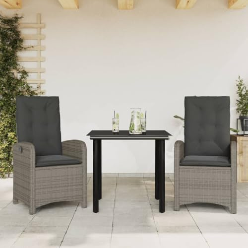 QUAHEAS 3-TLG. Garten-Essgruppe mit Kissen Grau Poly Rattan, Verstellbare Stühle, Glastisch, UV-beständig, für Terrasse und Balkon, Outdoor Möbel Set