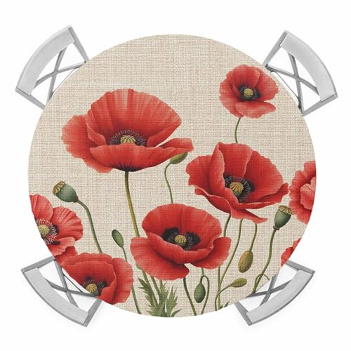 Ogeapare Flowers Round Fitted Tablecloth with Elastic Edged Red Opium Poppy Flowers Vintage Linen Waterproof Table Cover Oil Proof Washable Tablecloths for Dining, Camping Panic Outdoor 55-60