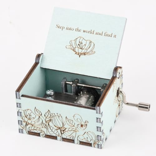 Enchantia Gifts Wooden Hand Crank Music Box, Green, Floral Engraved Design, What a Wonderful World Melody, Inspirational Quotes