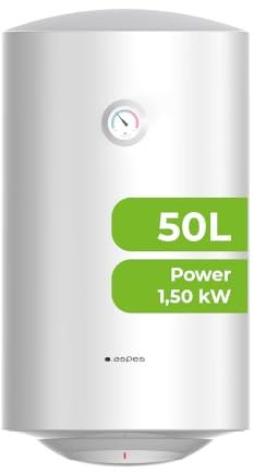 Aspes Termo Eléctrico 50 Litros, AT5001S. 1500W, Kit de Montaje Incluido, Resistencia de Acero Esmaltado, Termostato Manual, Temperatura Máx 70 º, Blanco, Eficiencia Energética Clase C