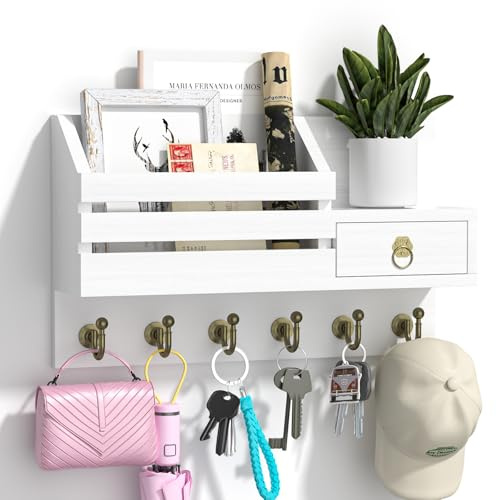 Holz Schlüsselbrett mit Ablage Schlüsselhalter Wand Schlüsselablage mit Haken Schlüssel Organizer mit Regal Weiß Schlüsselregal Schlüsselboard mit tablett Schlüsselkasten Schlüsselanhänger Organizer