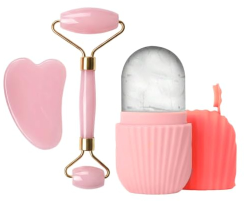 Amexo Kit Rouleau de Massage Visage et Gua Sha - Outil de Soin de Peau Anti-âge, Ice Roller pour le Visage et les Yeux, Pierre Naturelle pour Dégonflement, Réduire les Rides et le Double Menton (Rose)