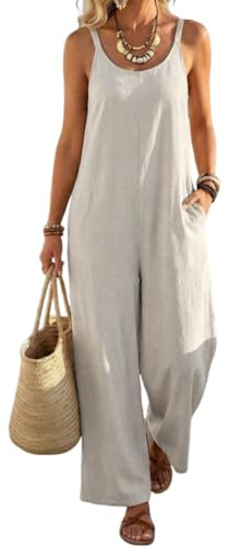 ORANDESIGNE Salopette Donna Lunga Estive Casual Elegante Boho Salopette Gamba Larga Leggera Tuta Spiaggia Overall con Bretelle Regolabili e Tasche A Beige L