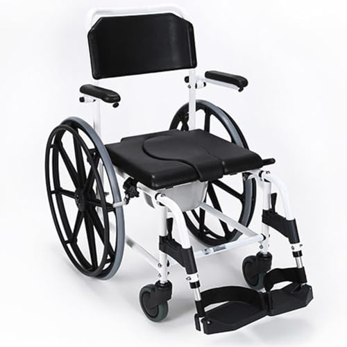 4-in-1 Self-Propelled Commode Wheelchair, Shower Chair Bedside Toilet with Padded Seat Adjustable Armrests & Movable Footrest, Non-Slip Safety for Elderly Care