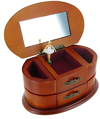 Schmuckschatulle / Schmuckschachtel / Schmuckkästchen mit Spieluhr aus Holz mit tanzender Ballerina, Spiegel, 18-Ton-Federspielwerk und Fächern für Schmuck - Der Walzer von Amélie Poulain
