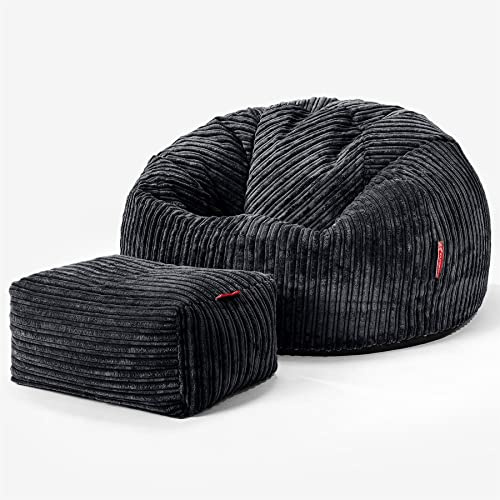 Lounge Pug, Klassischer Sitzsack Sessel mit Hocker, Cord - Schwarz
