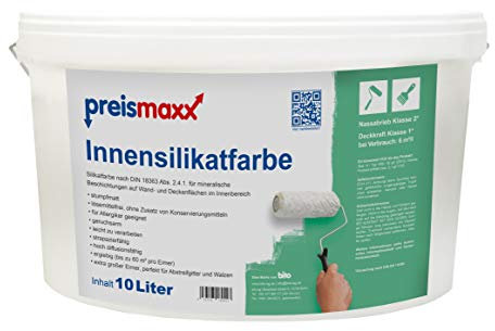 Preismaxx Innensilikatfarbe Wandfarbe auf Silikatbasis Silikatfarbe matt weiß, 10 Liter, allergikerfreundlich, ohne Zusatz von Konservierungsmitteln