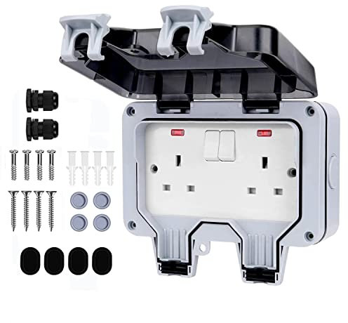 Demoyaya Outdoor Socket Waterproof Socket, IP66 2 Gang Waterproof 13AMP Double External Socket Cover, Wall Electrical Outlets Outside Use Plug Socket Box