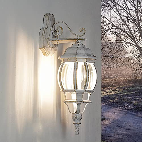 Vägglykta i glas och aluminium vit guld IP44 terrass ytterdörr D: 24,5 cm E27 lantlig stil rustik utomhu carport trädgård brest