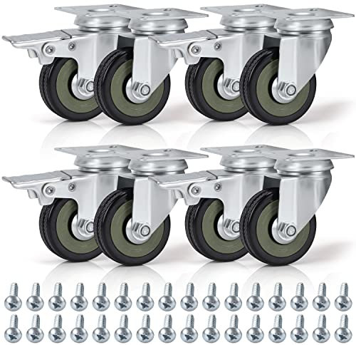 Kurtzy Heavy Duty Black Swivel Castor Wheels (8 Pack) - 50mm Casters with Rubber Wheels, Screws, Locking Brakes and Metal Plates - Max Load 200kg / 440lbs for Trolleys & Moving Furniture/Workbenches