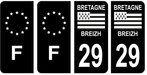HADEXIA Nummernschild-Aufkleber, französisches Departement 29, Finistère Region Bretagne, Schwarz & F Frankreich, Europa, 4 Stück