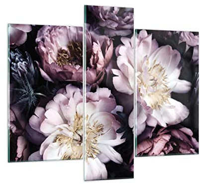 Mehrteilige Bilder auf Glas Pfingstrosen Veilchen Blumen Glasbild 95x80cm Wandbilder Dekoration Wohnzimmer Schlafzimmer Küche Set 3 teilige Groß Wanddeko Wand Kunstdruck Art Modern GCB95x80-5076
