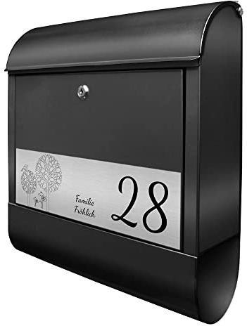 banjado Briefkasten personalisiert mit graviertem Namensschild in Edelstahl - Wandbriefkasten Schwarz - Postkasten mit Hausnummer, Namen & Motiv DREI Bäume - Briefkasten mit Zeitungsfach
