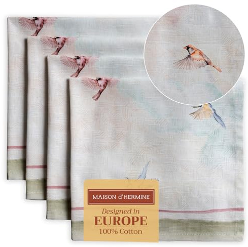 Maison d' Hermine Cloth Napkins Set of 4 100% Cotton Everyday Reusable Square Napkins Cloth Washable Dinner Party Wedding Restaurant Gifts for Mothers Day (Flying Birds, 45 CM x 45 CM)
