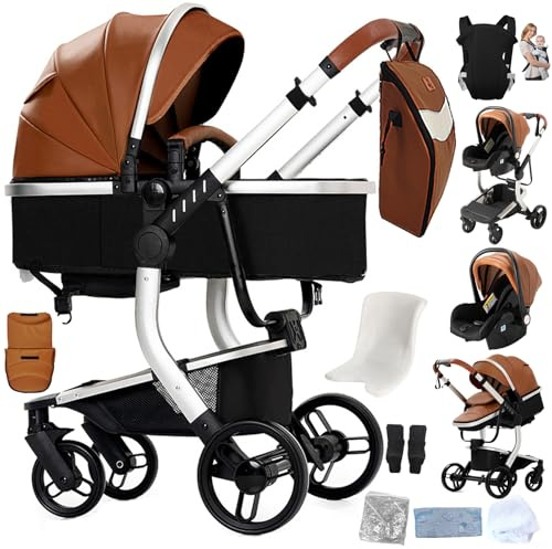 Prokoke PU-Leder Kinderwagen 3 in 1, Kinderwagen Set Einem Klick Faltbar, Kombikinderwagen 3 in 1 Umkehrbarem Zwei-Wege-Schub, Buggy Rahmen Aluminiumlegierung Baby Kleinkind Neugeborene (Khaki 518)