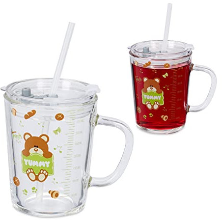 Relaxdays Kindergläser 2er Set, Bären-Motiv, Trinkglas Kinder, mit Henkel, Deckel & Strohhalm, 400 ml Skala, transparent
