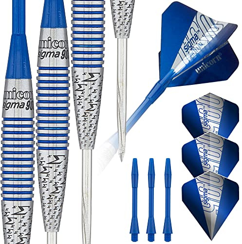 Unicorn Steeltip Dartpfeile Set | Sigma 900 | 90% natürliches Wolfram Barrels mit blauen Akzenten & Volute Points | 23g