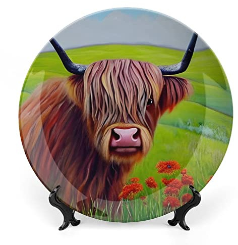Assiettes décoratives pour décoration d'intérieur, aquarelle vache des Highlands avec fleur rouge, plateau décoratif pour présentation de table, assiette en céramique avec support, décoration de