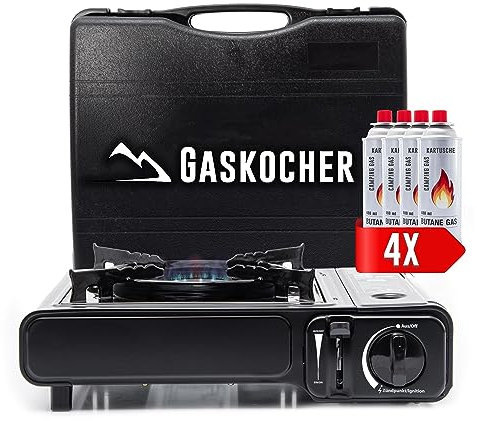 TruWare Camping Gaskocher Set – Tragbarer Campingkocher mit 4 MSF-1A 227g Gaskartuschen, Kocherkreuz – Für Outdoor-Küche, Balkon, Picknick & Notfall