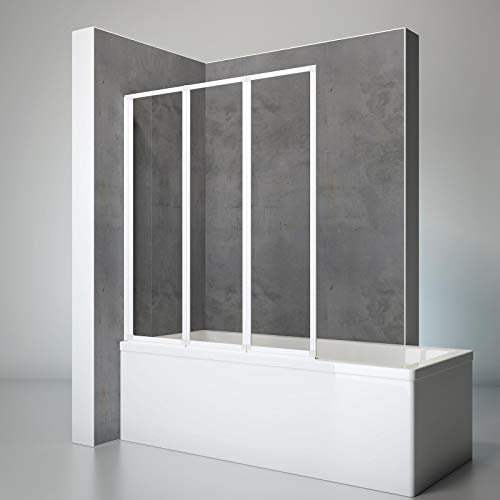 Schulte pare baignoire 127 x 140 cm, profilé blanc, 3 volets pivotants (47+40+40), paroi de baignoire réversible rabattable, 180° contre le mur, verre de sécurité 3 mm transparent, joint d'étanchéité