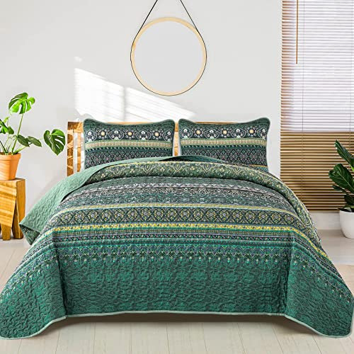 WONGS BEDDING Bohemian Bedspread Double Boho Striped Pattern Printed Quilted Bedspread Coverlet for All Season,Soft Microfiber Quilt Double Size 220x240cm