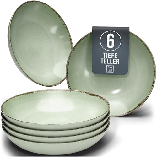 Juego de 6 Platos Hondos - Vajilla Completa de Steingut Premium para 6 Personas, Apta para Lavavajillas - Set Moderno y Elegante de Platos Profundos para Ensalada y Pasta en Color verde menta