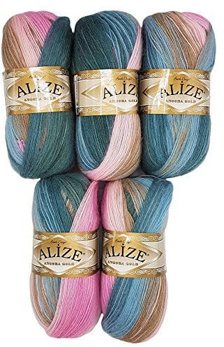 5 x 100 g Strickwolle Angora gold mehrfarbig mit Farbverlauf, 500 Gramm Strickgarn mit 20% Wolle-Anteil (blau rosa beige 2970)