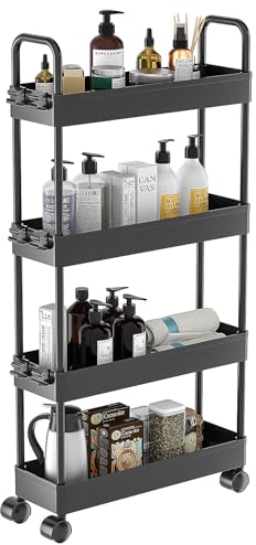 Carastek Rollwagen Küchenwagen mit 4 Ebenen Schmale Rollwagen Küchenregal Allzweckwagen Nischenregal auf Rollen für Küche, Büro, Bad, Waschküche, schmale Plätze, Kunststoff,13 x 40 x 92.5 cm, Schwarz