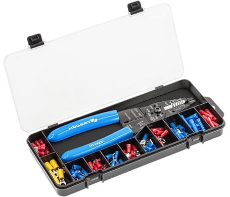 Högert Technik - Pinza crimpatrice 0,5 – 6 mm2 per capicorda con spelafili + connettore, 86 pezzi | in acciaio al carbonio