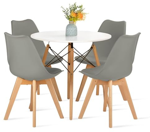 H.J WeDoo Rund Tisch und Stühle Set Esszimmergruppe, Essgruppe Weiß Tisch mit 4 Grau Stühlen für Esszimmer Küche Wohnzimmer