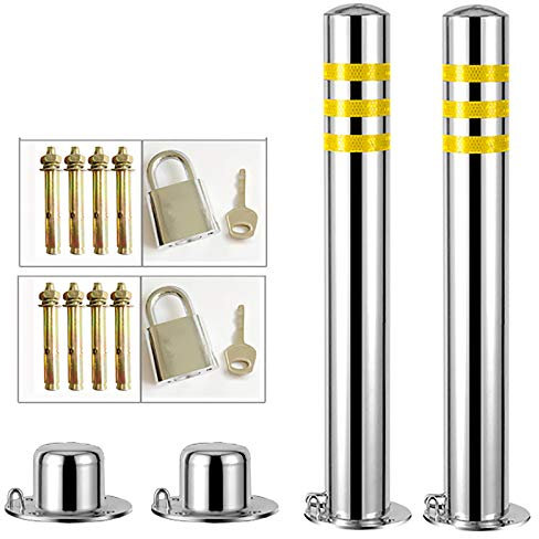Stainless Steel Security Posts for Driveways - Pack of 2, Rust Prevention, Easy Installation - Barrier Reflective Tape Bollards for Parking