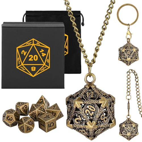 Mini DND Würfel Set mit Tragbarem Schlüsselanhänger, Halskette, Taschenkette, Hohler D20 Drachen Metallkäfig, Winziges 7-teiliges Polyedrisches Metall D&D Würfel Set, DND Geschenke mit Geschenkbox