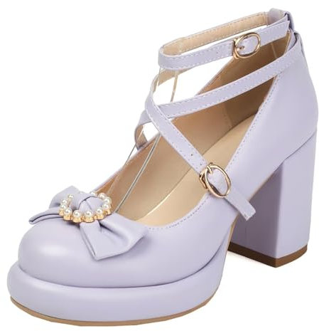 HSyc JRX Scarpe Lolita da donna con tacco alto Mary Jane plateau con fiocco e perline, Lilla, 35 EU
