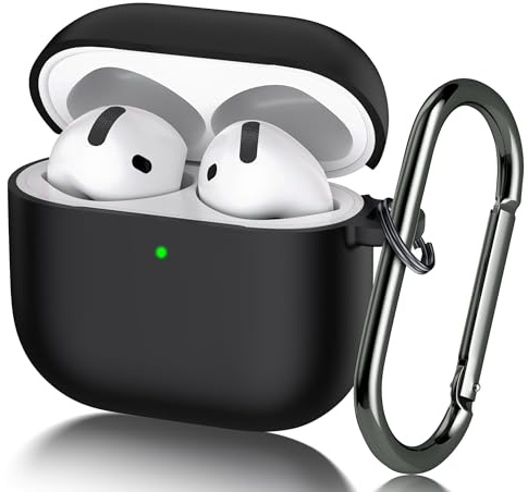 Seltureone Hülle für Airpods 4 (2024) mit Schlüsselanhänger | [Front-LED Sichtbar] Weiche Silikon Stoßfester Schutzhülle Zubehör, Unterstützung für Kabelloses Laden - Schwarz