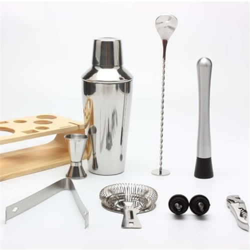 ZGYOZMNG Juego de 10 Piezas de coctelera de Acero Inoxidable, coctelera Japonesa, coctelera para té con limón y Estante de Almacenamiento de Madera (diámetro de 30 ml)