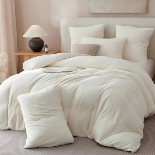 Tospass Plüsch Bettwäsche 135x200cm Weiß Teddy Fleece Cashmere Touch Bettwaren-Sets Flanell Warme Winter Bettbezug Flauschig Sherpa Deckenbezug mit Reißverschluss und 1 Kissenbezug 80x80cm
