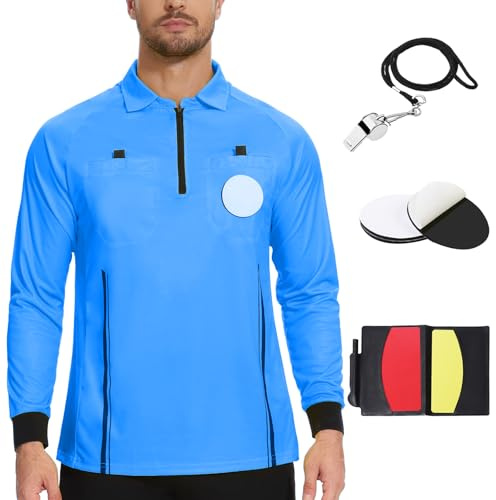 Fußball-Schiedsrichter-Shirt, Trikot, langärmelig, Profi-Kostüm, Schiedsrichteruniform, mit 3 Stück, ersetzt 7,6 cm runde selbstklebende Klettverschluss-Abzeichen-Halter, Schiedsrichter-Geldbörse mit