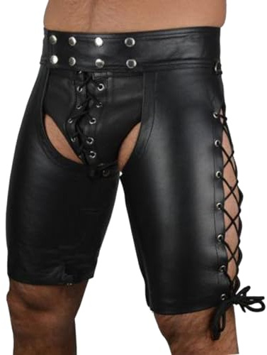 Duohropke Pantalones cortos sexy para hombre con aberturas, pantalones de cuero, pantalones cortos tipo bóxer eróticos con cordón en cruz, pantalones cortos de cuero, bañador de cintura abierta, Negro