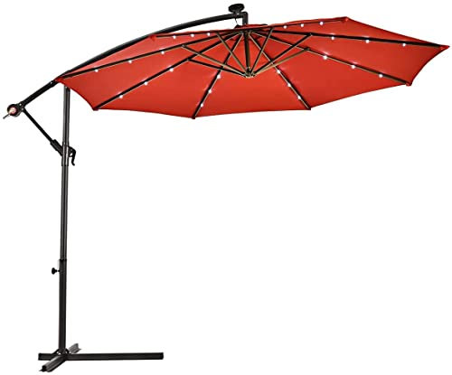 3M Premium Cantilever Parasol with Integrated Solar Powered LED Lights for Garden Terrace and Swimming Pool Weinrot Color