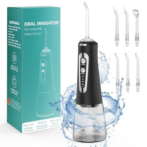 Jet Dentaire Hydropulseur Portable, Jet Dentaire Sans Fil Rechargeable avec 5 Mode set 6 Buses Capacité de 300 ML IPX7 Étanche Pour La Maison et Les Voyages (Noir)