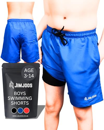 JIMJOOS Boys Swimming Shorts (Ages 3-14) – Quick-Dry Swim Trunks with Adjustable Drawstring & Boxer Mesh Lining – Kids Swim Shorts with Pockets (9-10 Years, Blue)