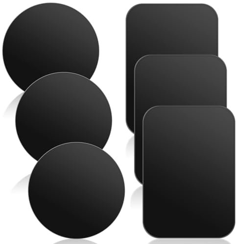 JJUNW 6 Stück Metallplatte Handy, Dünn Metallplatte Metallplättchen Selbstklebend Set Rechteckig und Runden Metall Platte für Magnete Kfz Zubehör Handy Handyhalterung Auto (Schwarz)