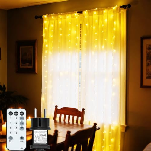 MAGGIFT Lichtervorhang 1×3m für Innen Außen - 200 LED Lichterkette Fenster mit Stecker/Fernbedienung/8 Modi/Timer/Dimmbar, Wasserdicht Lichterketten Vorhang für Party Weihnachten Wand Deko, Warmweiß